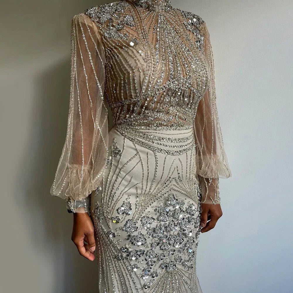Zapdress Customized Silver Beaded Mermaid Evening Dresses 2025 Full Sleeves Elegant Party Gowns For Women (ZD17179)