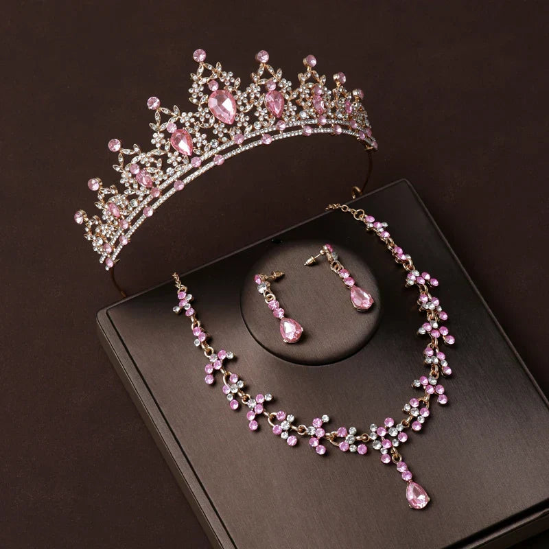Luxury Silver Color Crystal Water Drop Bridal Jewelry Sets Rhinestone Tiaras Crown Necklace Earrings Wedding Dubai Jewelry Set TS-0003-T-XL-0018-E Tiaras