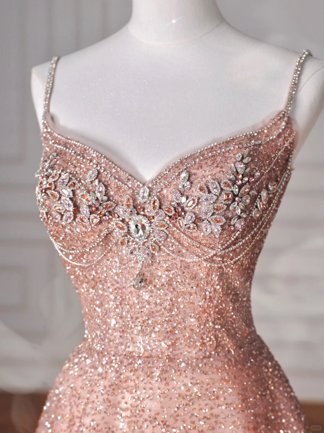 Glitter Pink Tulle Sequins Beaded Prom Dress Spaghetti Straps A Line Evening Dress Y8619 - View 2 | VelvetHem