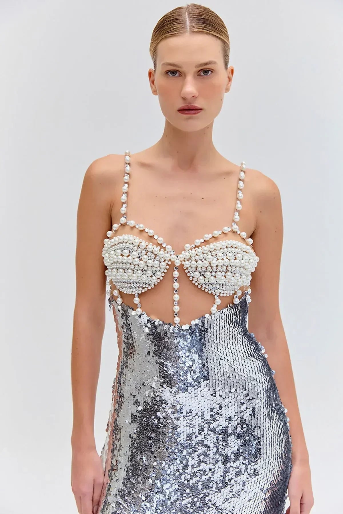 Fashionable Haute Couture  Woman Evening Dress  Pearl Sliver Sequins Spaghetti Strap Long Dress  Celebrity Birthday Party Outfit