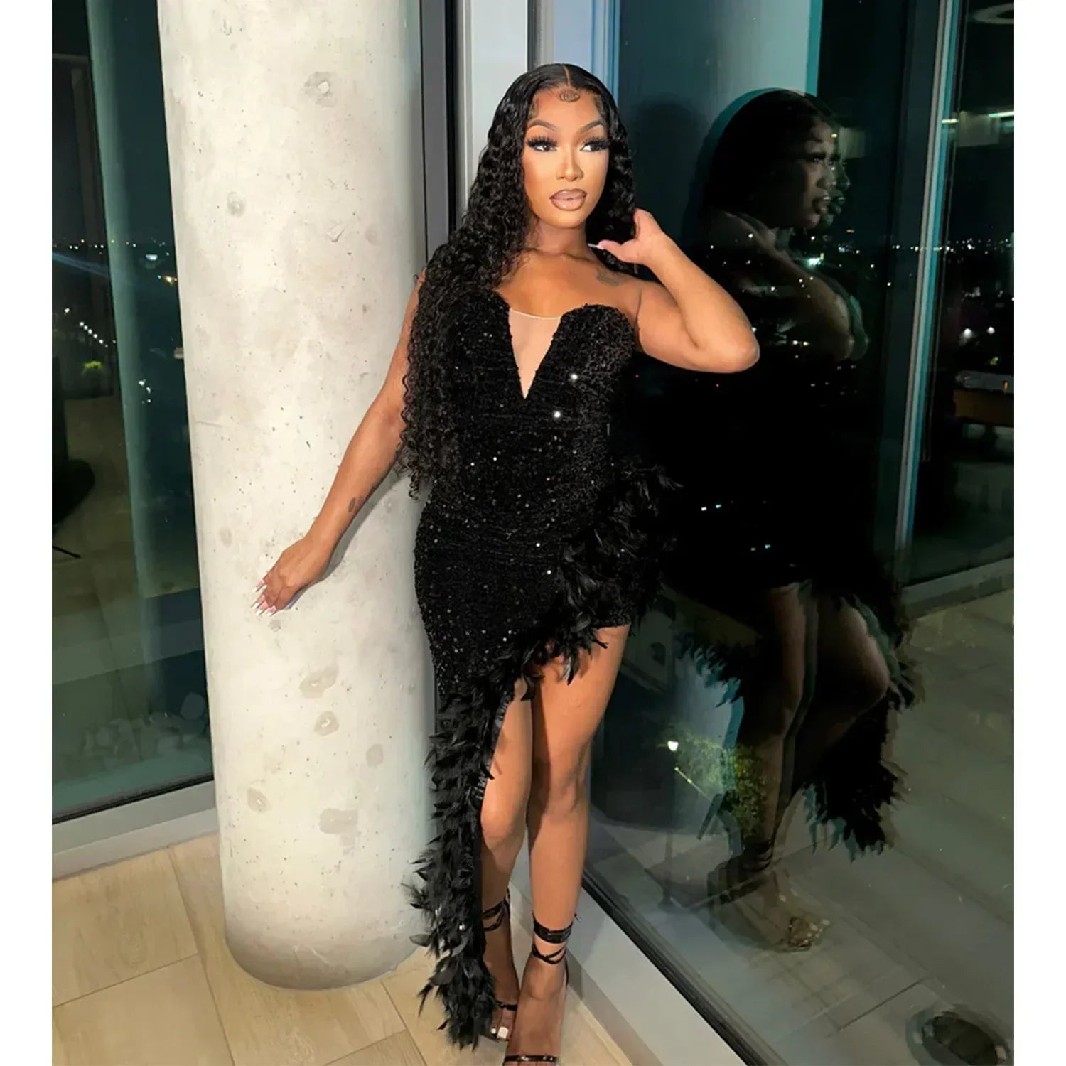 Feather Mesh Sequin Split Maxi Party Dress
