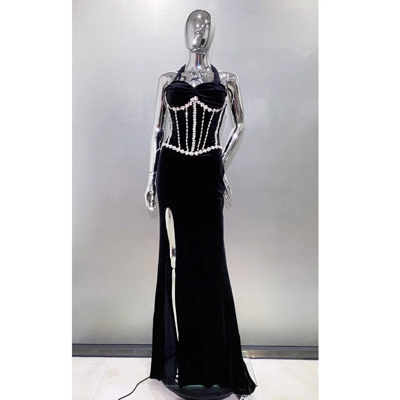Luxury Shining Diamond Halter Black Velvet floor Lenght Evening Dress Celebrity Birthday Party Outfit Performance Costume
