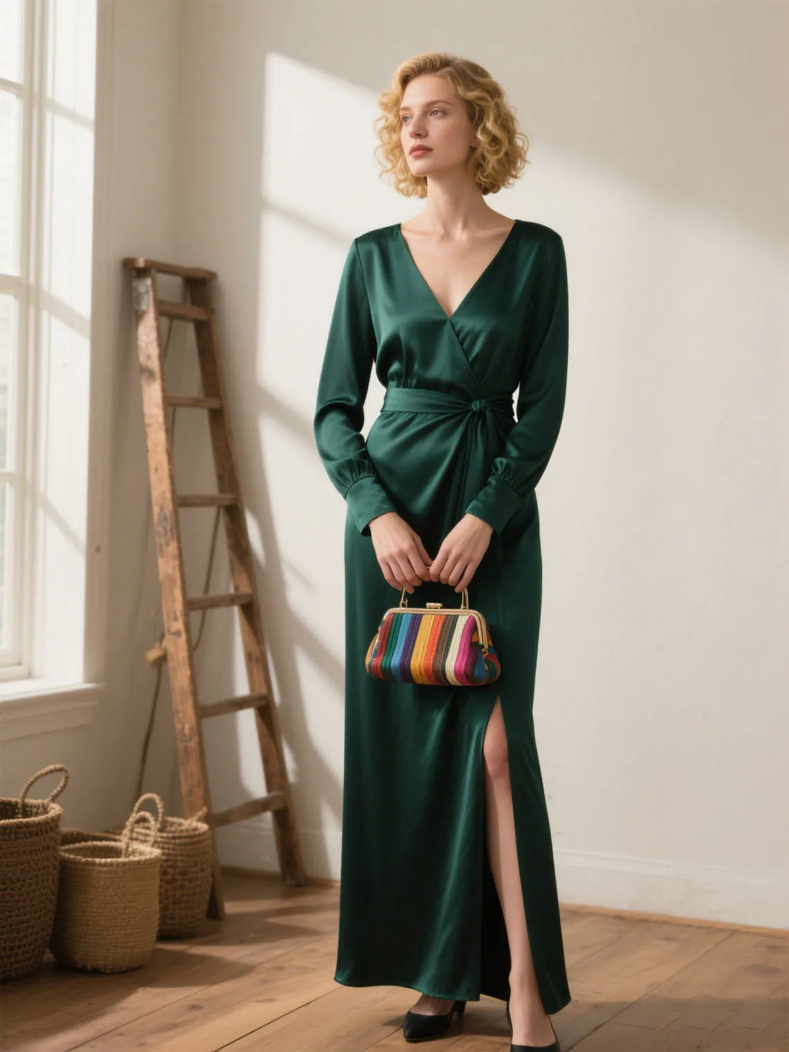 Mother Of The Bride Dress - Sexy V Neck Long Sleeves Satin Evening Dress High Split Elegant Ankle Length Mother of the Bride Dress free customized Dark Green