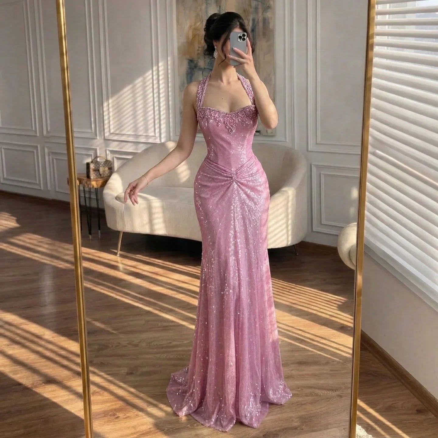 Zapdress Rose Gold Mermaid Beaded Evening Dress Elegant Sparkly Wedding Party Gown with Ruched Waist DLA73410B Customized (ZD17276)