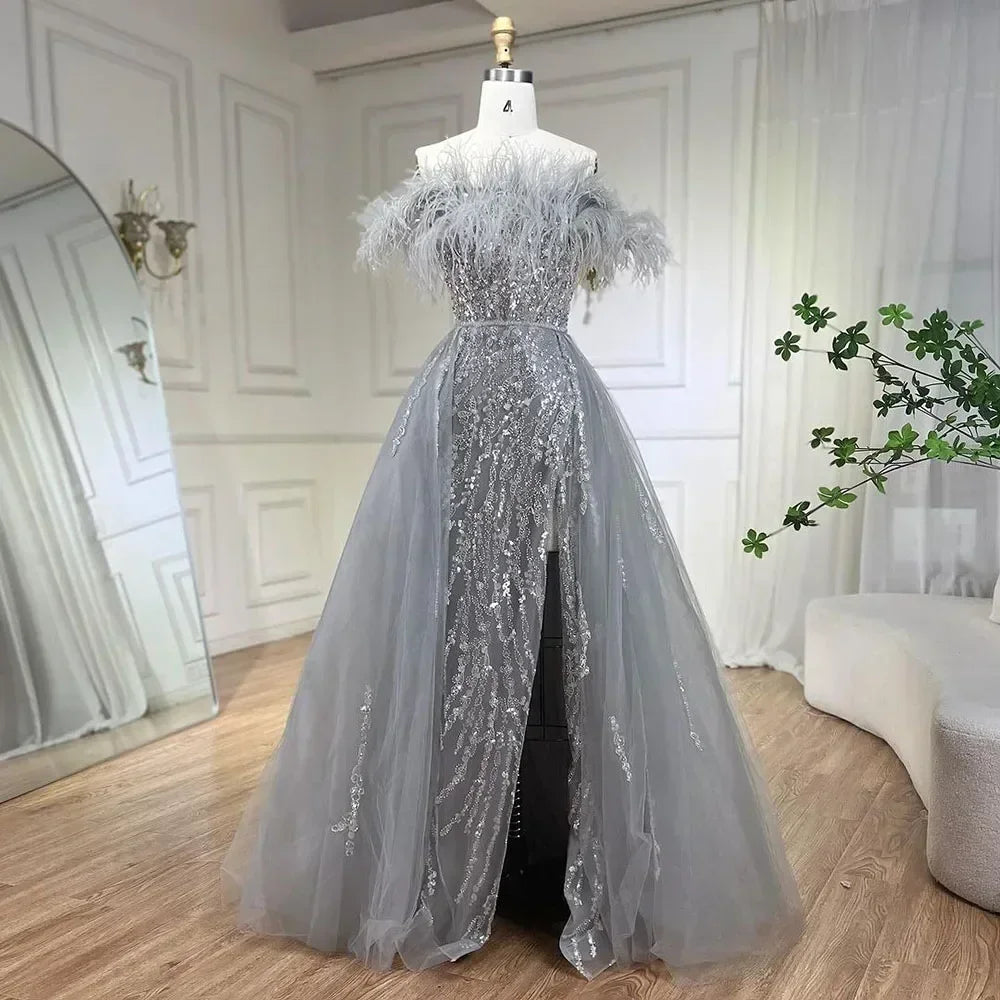 Zapdress Yellow Feathers Beaded Mermaid Evening Dresses with Overskirt Side Slit Party Gowns for Women DLA72061 Customized (ZD17213)