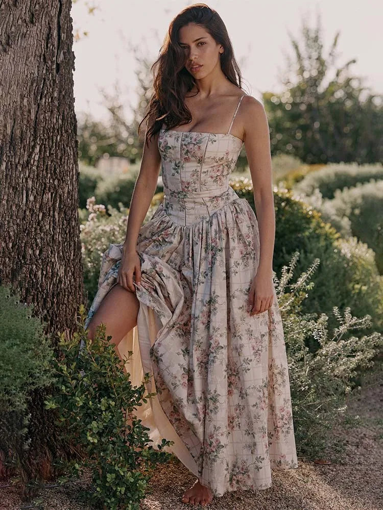 Pleated Print A-line Spaghetti Summer Dress - VelvetHem