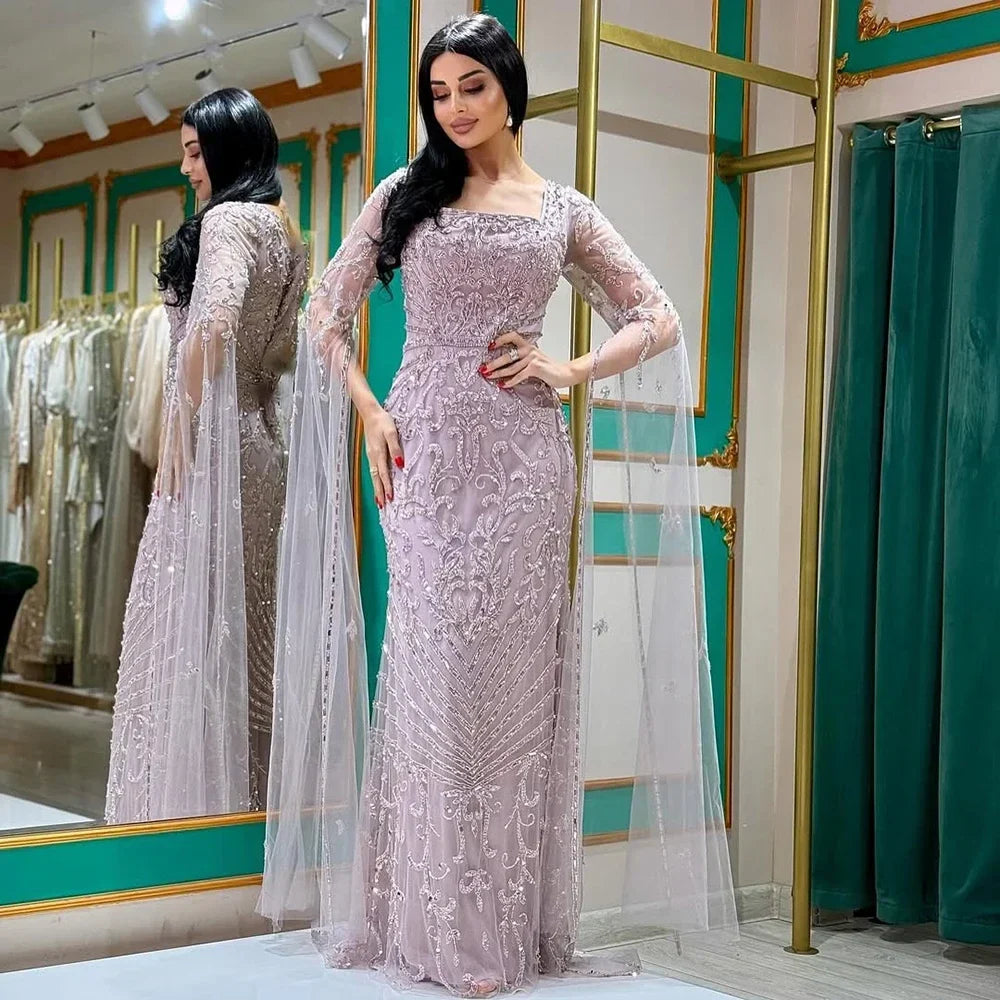 Zapdress 2026 Dubai Pink Mermaid Long Evening Dress with Beaded Cape Gown for Wedding Occasion DLA72400A Customized (ZD17244)