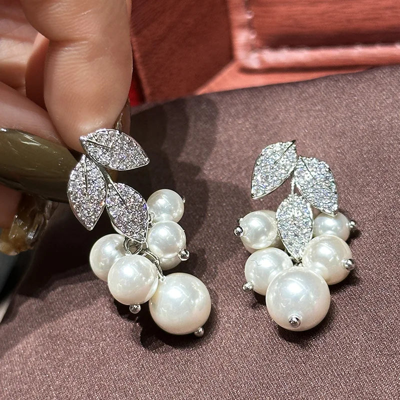 Leaf Pearl Zircon Bridal Earrings Silver Color Zirconia Wedding Earring For Brides Bridesmaids Accessories Women Gift Jewelry - View 2 | FashionDia