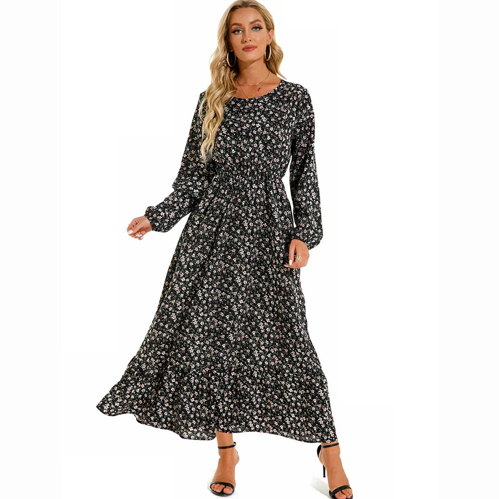 Natasha Effortless Women's Bohemian Floral Chiffon Maxi Dress with Long Sleeves Elevated Occasion Wear