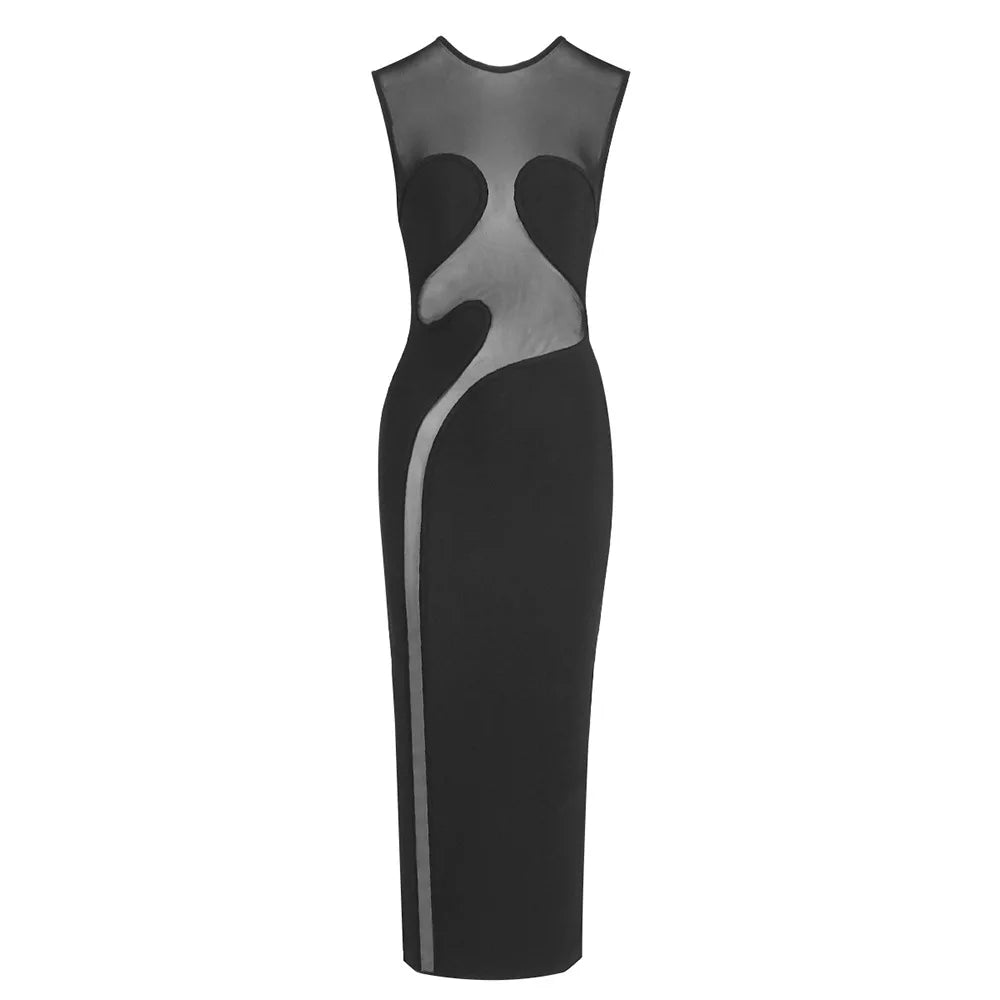 Elegant Mesh Patchwork Sleeveless Bodycon Party Club Evening Dress Sexy Bodycon Perspective Vestido Summer Clothing black