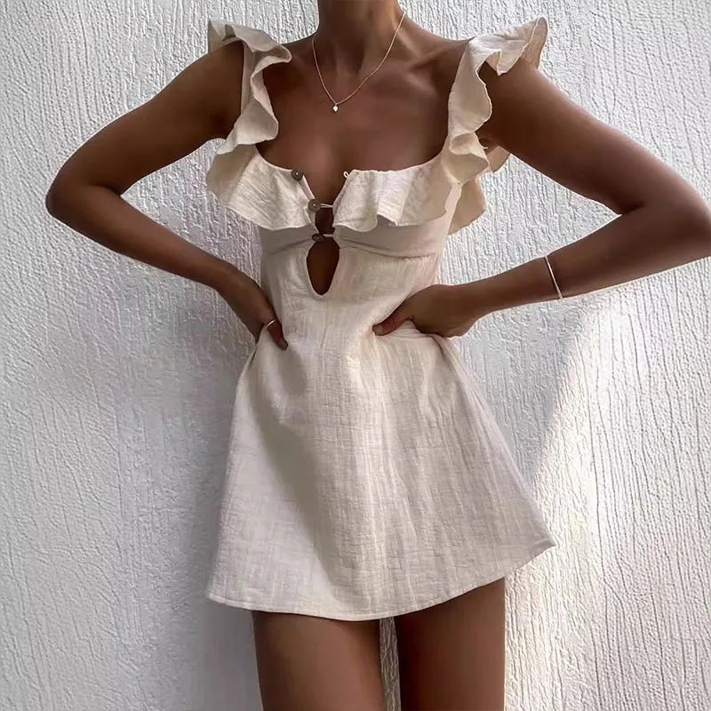 Hollow Ruffled Cotton Beach Gothic Mini Dress - View 3 | VelvetHem