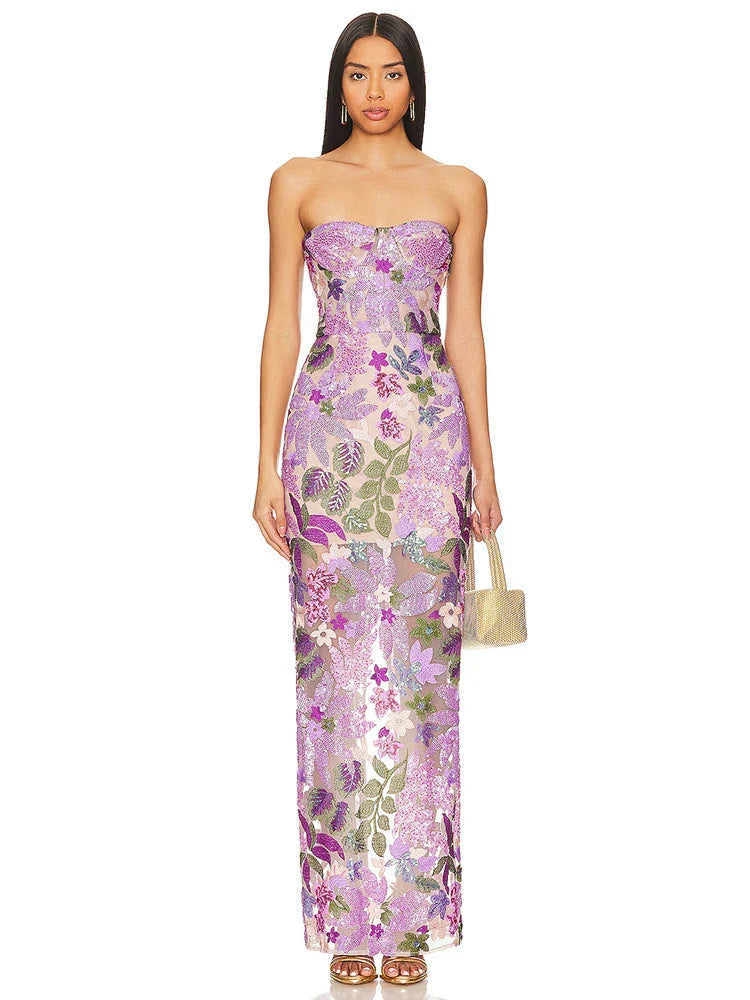 Sequin Flowers Embroidery Sexy Mesh See Through Strapless Ankle Length Dress Elegant Woman Evening Dress Celebrity Party Outfit Lavender