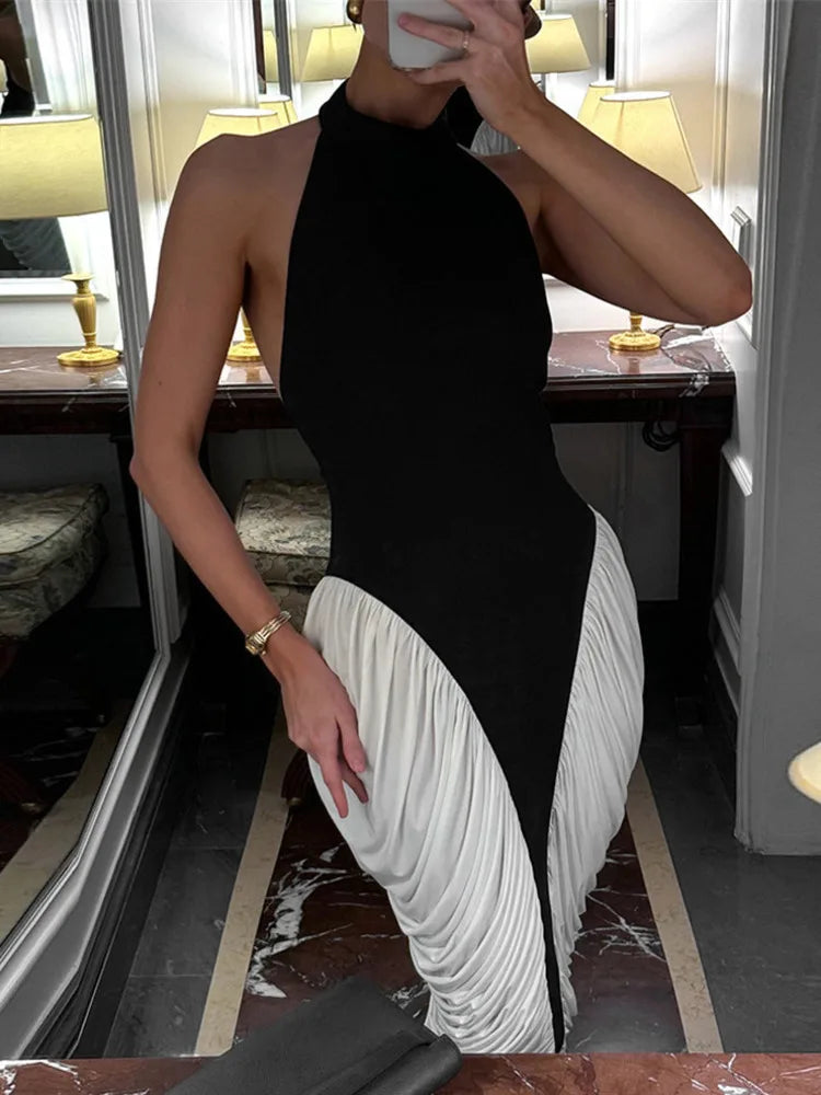 Patchwork Halter Backless Midi Dress - View 4 | VelvetHem