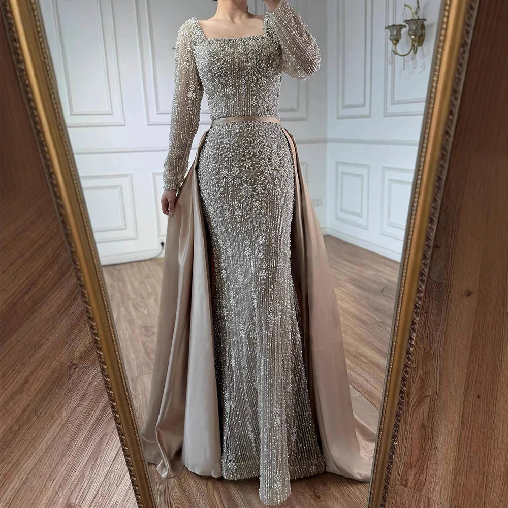 Zapdress Turquoise Square Collar Mermaid Beaded Evening Dress Overskirt Party Gowns with Long Sleeves Customized DLA72533A (ZD17193)