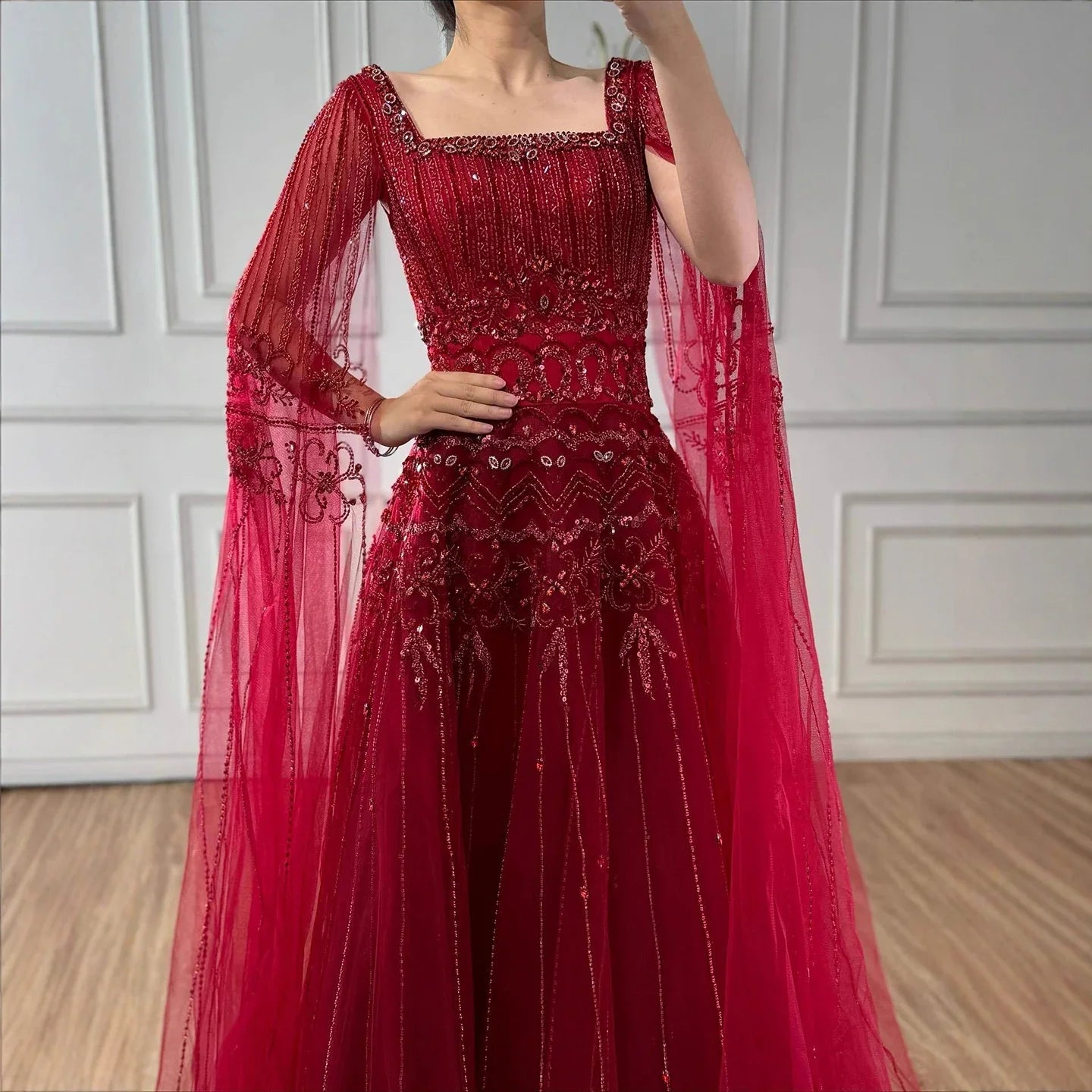 Zapdress Red Square Collar A-Line Beaded Evening Dress with Cape Sleeves 2026 Party Gowns for Women DLA73089A Customized (ZD17190)