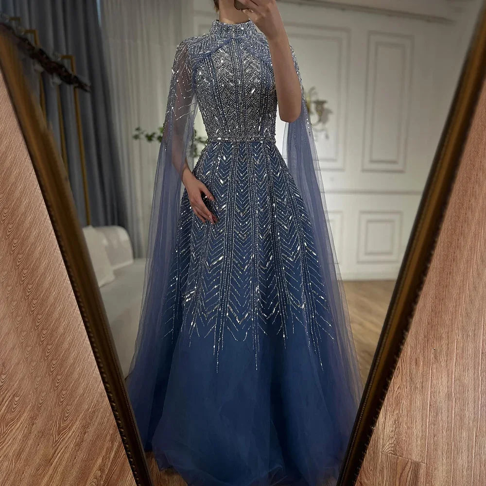 Zapdress Customized 2025 Blue Beaded A-Line Cape Sleeves Formal Evening Dresses Elegant Party Gowns for Women (ZD17192)