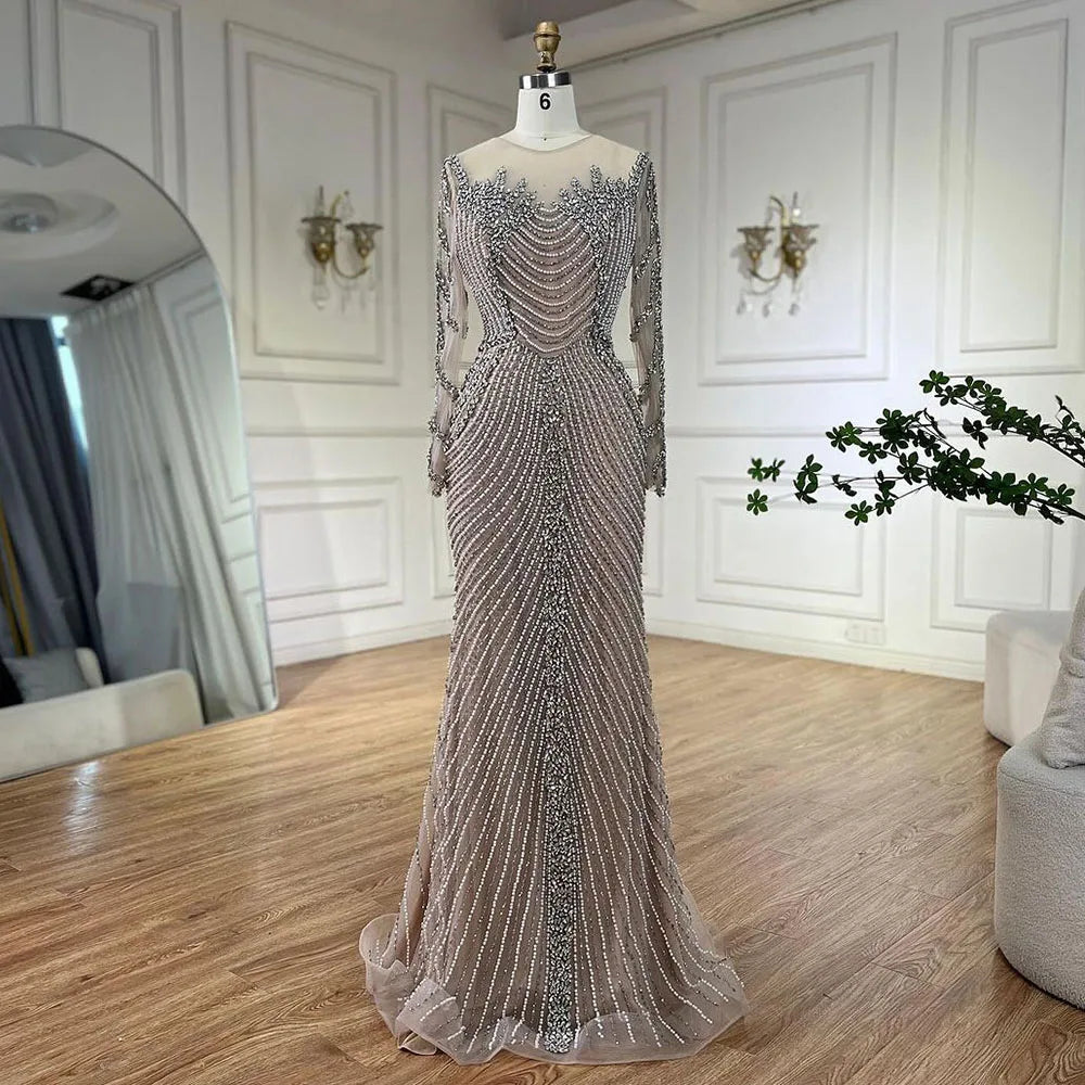 Zapdress Customized Sliver Nude Long Sleeves Pearls Beaded Luxury Evening Dresses Formal Party Gowns for Women (ZD17275)
