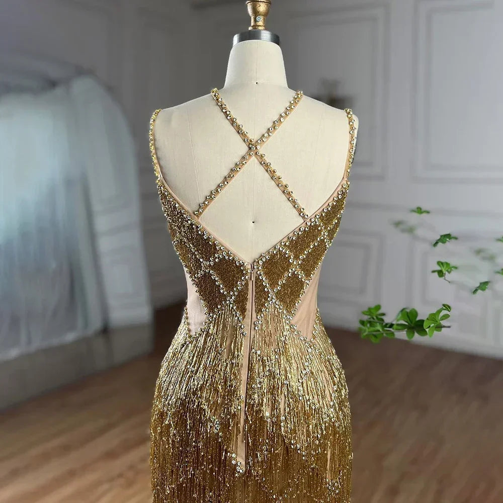 Zapdress Silver Mermaid Gold Evening Gowns Luxury Beaded Tassel Spaghetti Strap Party Dresses For Women DLA72280 Customized (ZD17197)