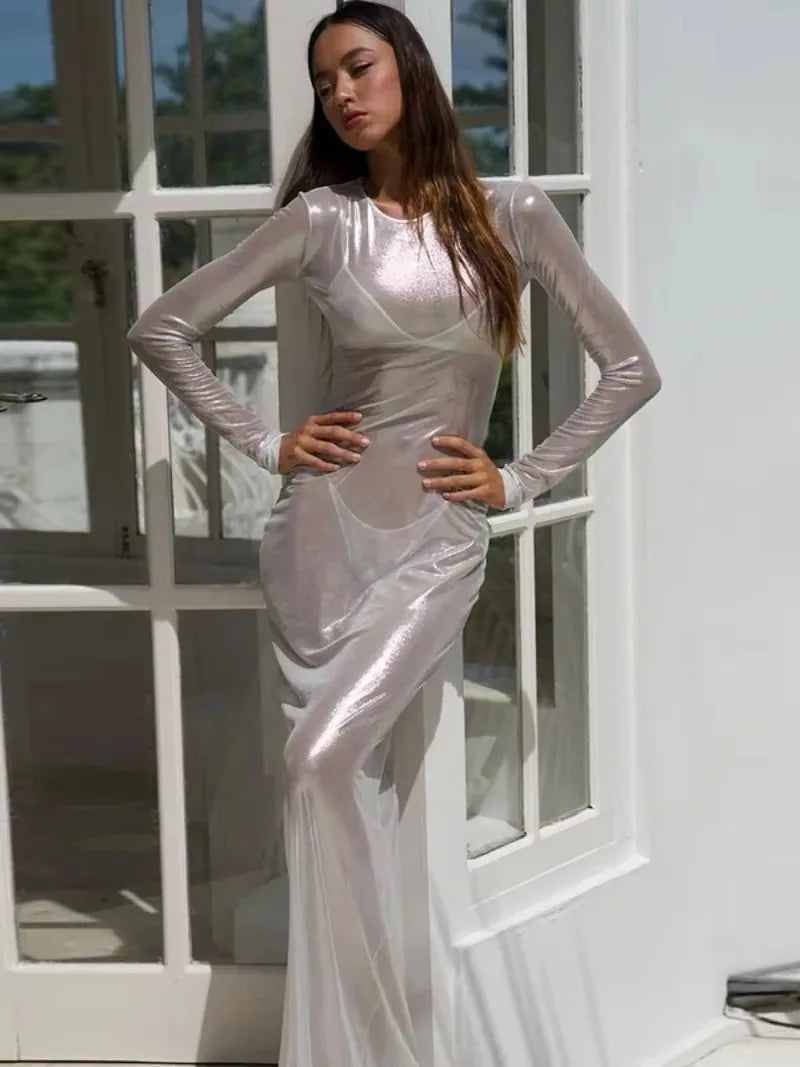O - neck Full Sleeve Solid Color Mesh Dress
