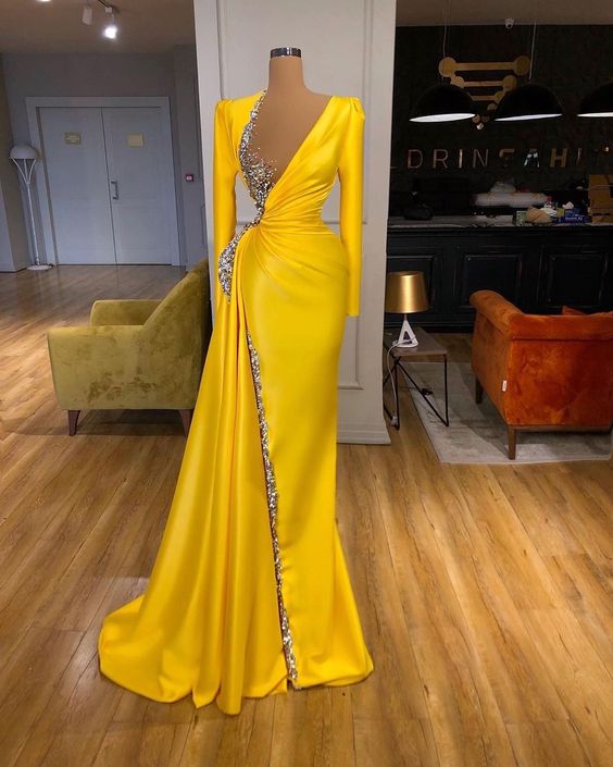 yellow evening dress long sleeve evening dress formal wear beaded evening dress S23450 - VelvetHem