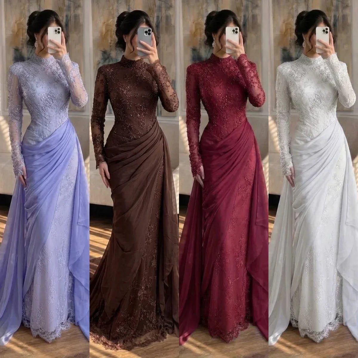Zapdress Customized Wine Red Mermaid Evening Dresses with Wrap Skirt High-End Lace Formal Party Gowns for Women (ZD17283) - View 3 | VelvetHem