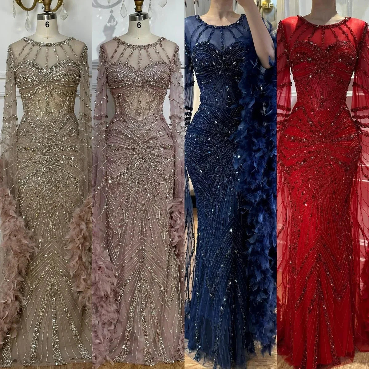Zapdress Pink Luxury Beaded Mermaid Evening Dress Gowns with Feathers for Formal Occasion Customized DLA72708A (ZD17284)