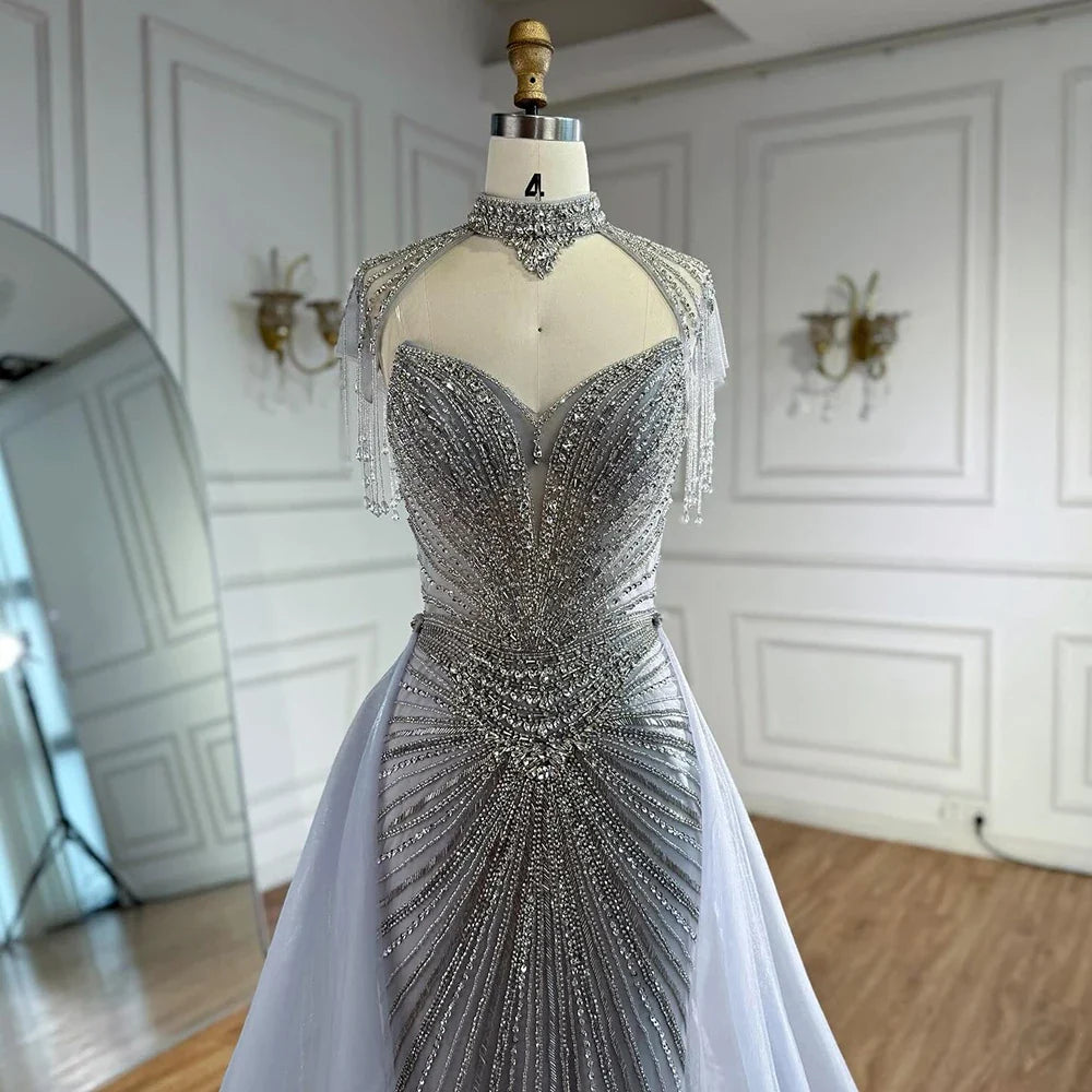 Zapdress Nude Mermaid Tassel Beaded Evening Dress with Detachable Overskirt Formal Party Gown for Women DLA73182 Customized (ZD17178)