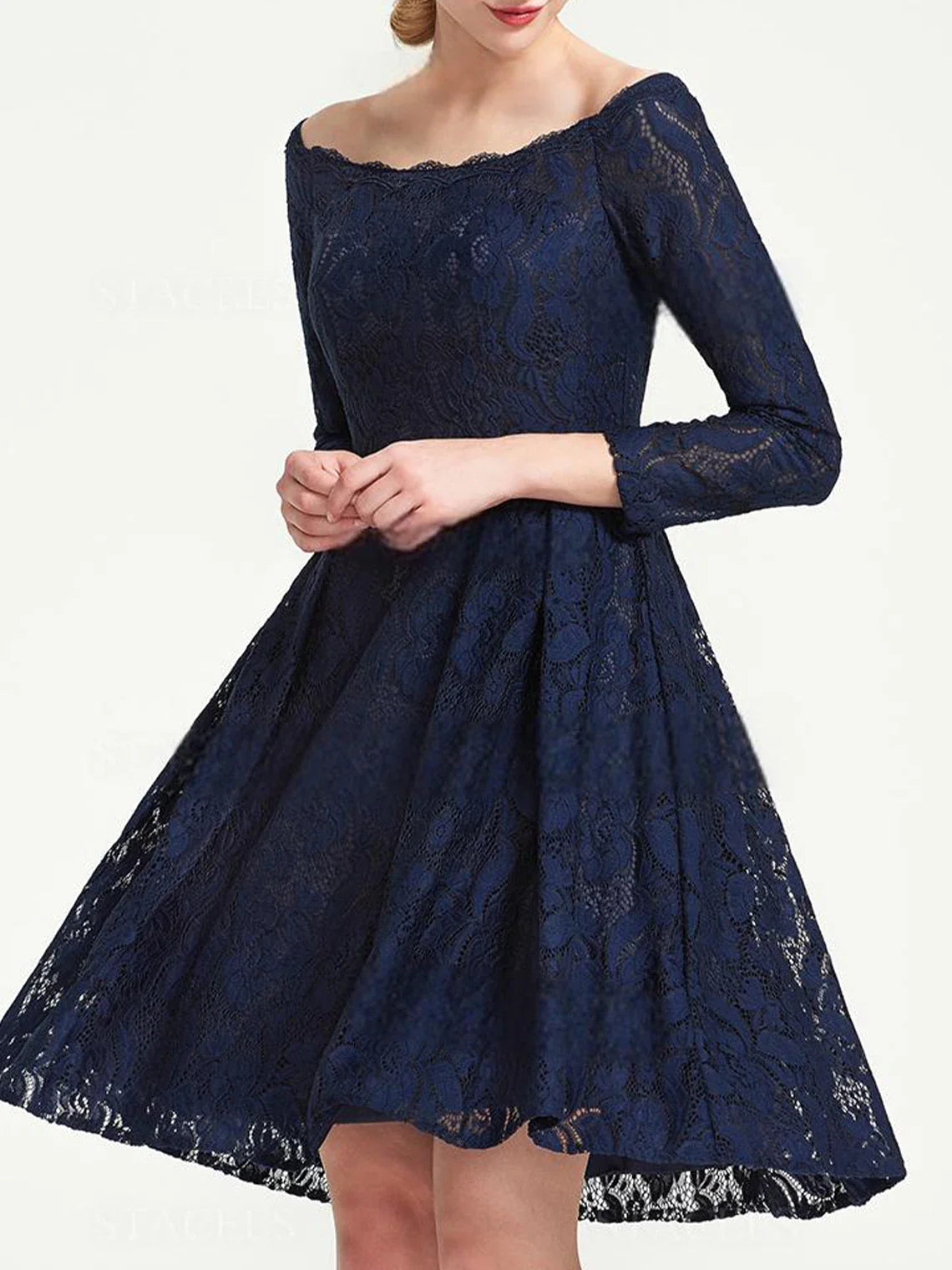 Elegant A-Line Prom Evening Dress Lace Off-the-Shoulder 3/4 Sleeve Pleated Knee-Length Wedding Guest Dress Free Customized