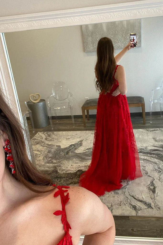 V Neck Tulle Red Lace Long Prom Dress with High Slit, Red Lace Formal Dress, Red Evening Dress Y217 - View 3 | VelvetHem