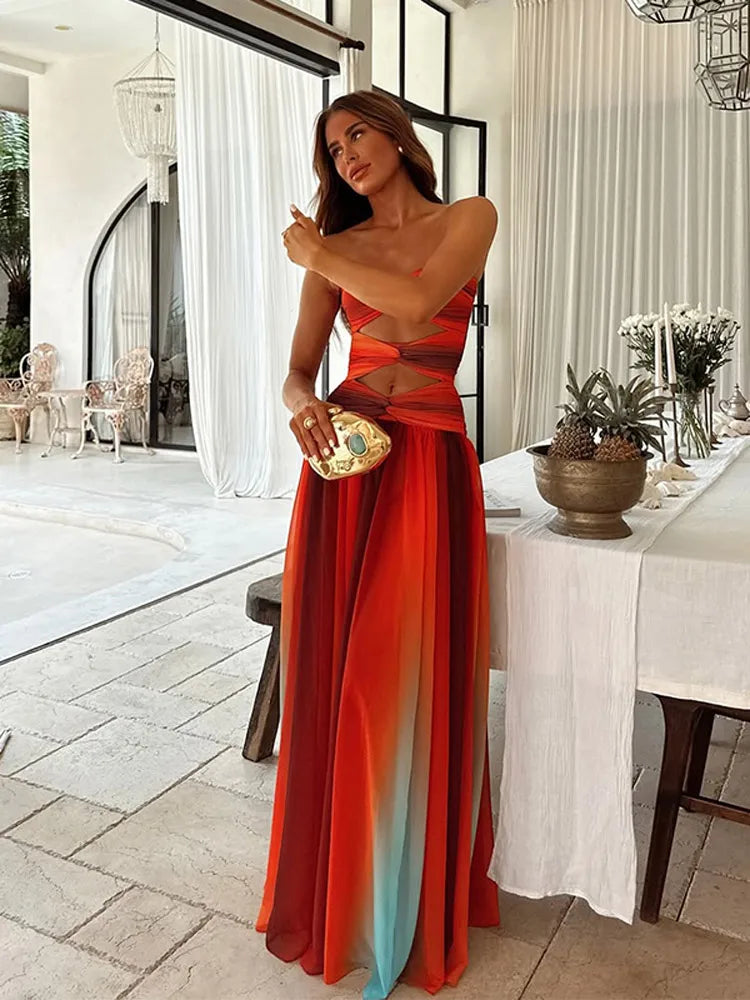 Gradient Pleated Hollow Strap Midi Dress - View 6 | VelvetHem