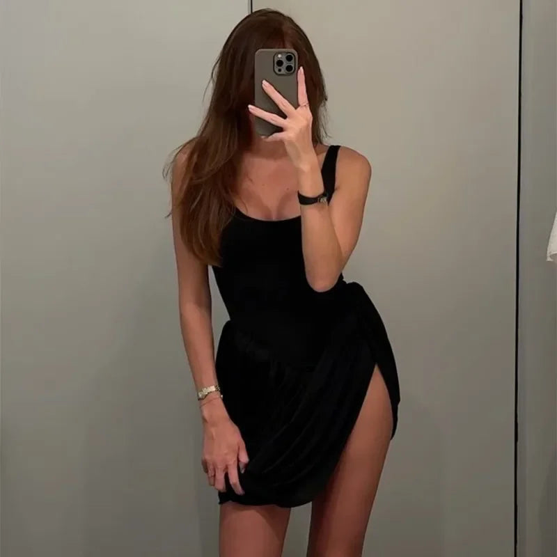 Patchwork Slit Vest High Waist Mini Dress - View 5 | VelvetHem