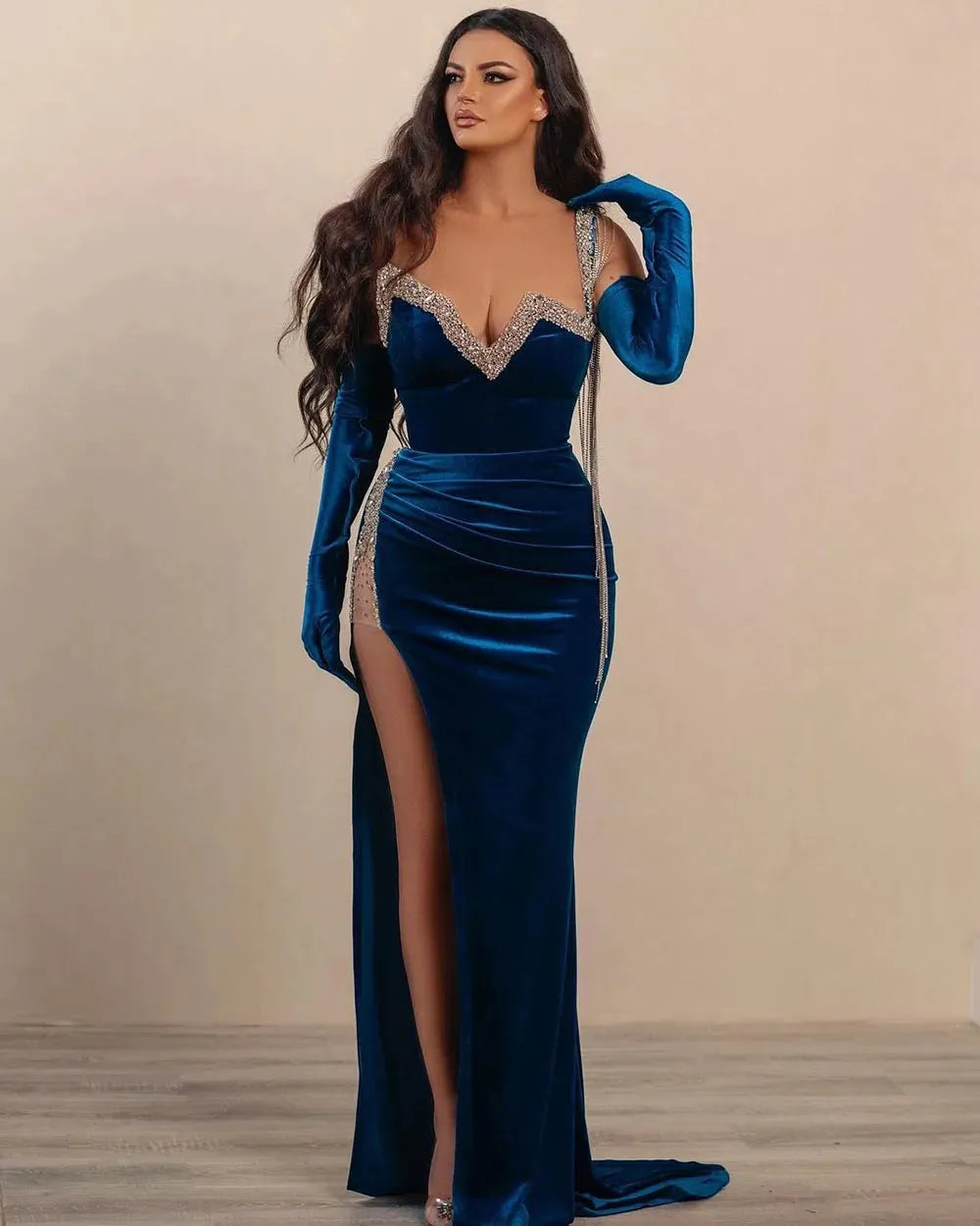 Royal Blue Velour Sexy Prom Dresses For Wedding Party Formal Dress One Shoulder Sequins Mermaid High Side Slit Evening As Picture