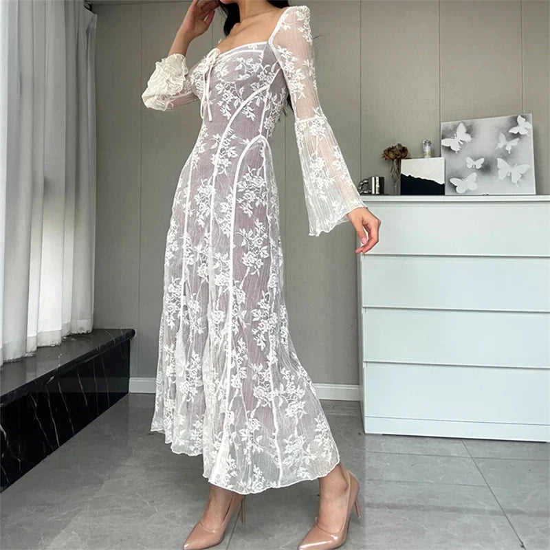 Lace Flared Sleeve A-Line Midi Dress - View 5 | VelvetHem