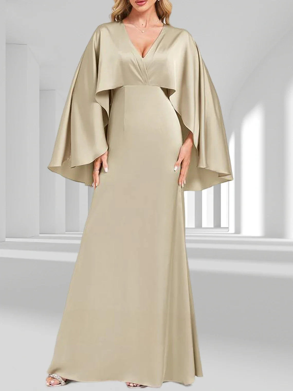 Mother Of The Bride Gown - Elegant A-Line Formal Evening Dress Matte V-Neck Floor-Length 3/4 Length Sleeve Mother of the Bride Dress free customized Champagne