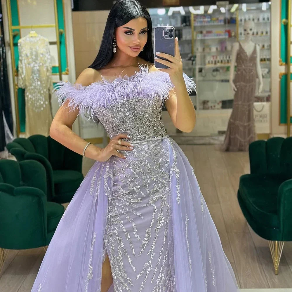 Zapdress Yellow Feathers Beaded Mermaid Evening Dresses with Overskirt Side Slit Party Gowns for Women DLA72061 Customized (ZD17213)