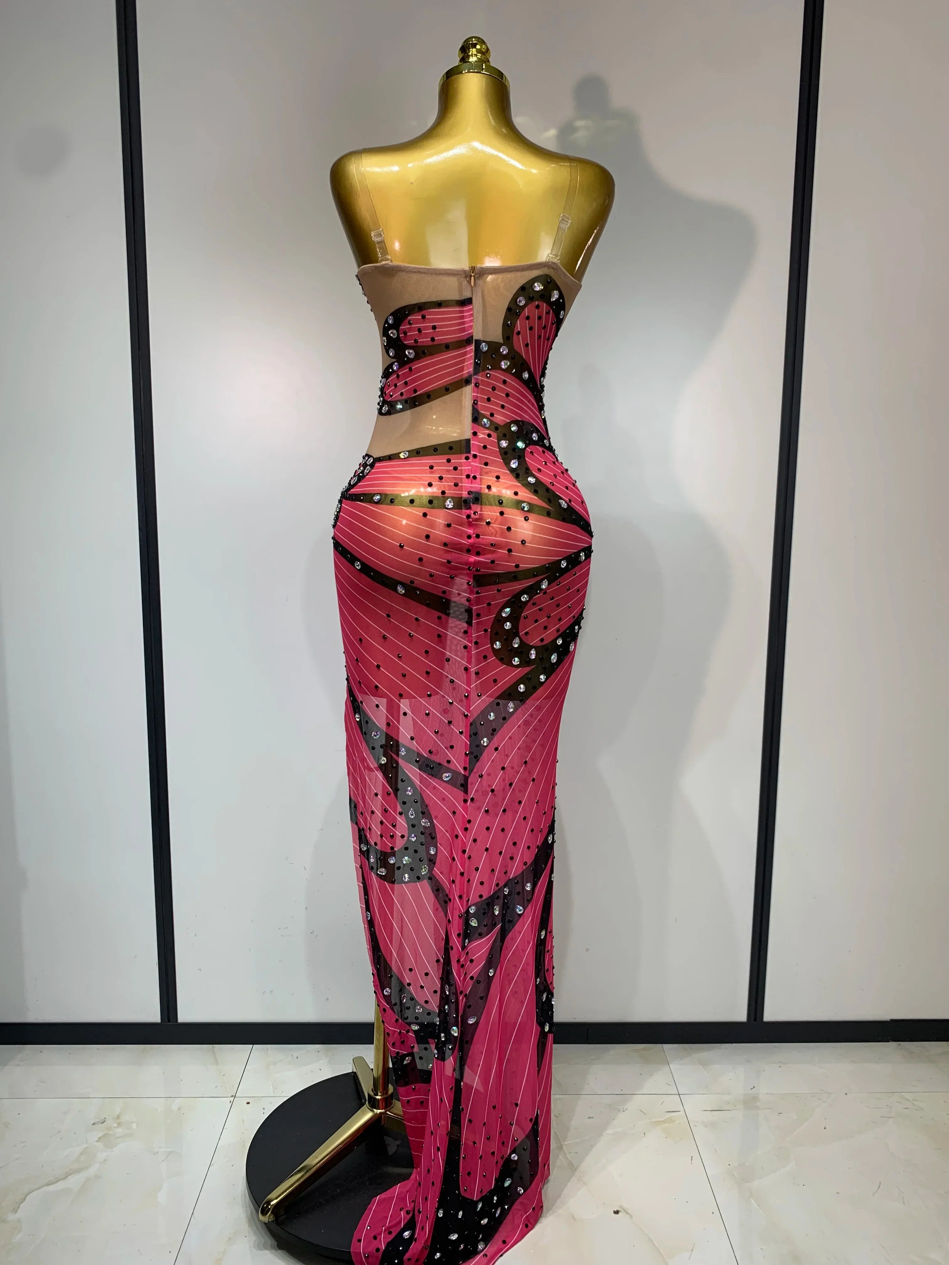 Women Sexy Backless Sparkly Rhinestones Mesh See Through Maxi Dress Luxury Birthday Singer Stage Costume Evening Party Vestido
