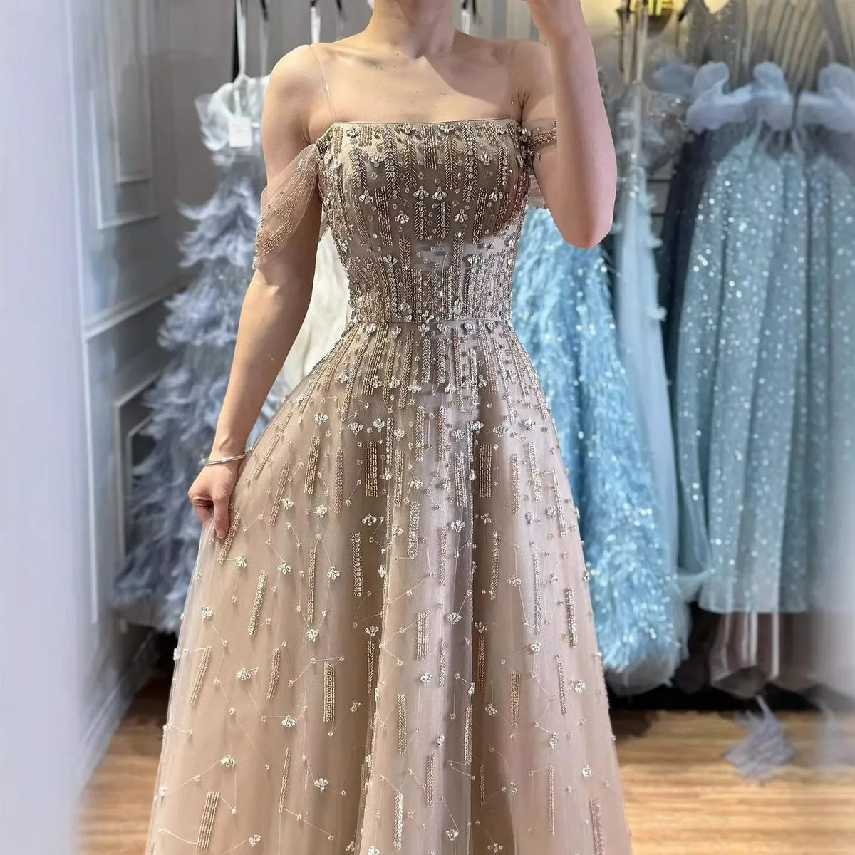Zapdress Caramel A-Line Beaded Evening Gown Off Shoulder Formal Party Prom Dress Robe de Soirée 2026 Customized (ZD17268)
