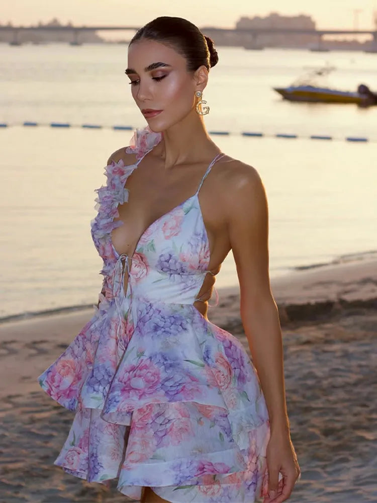 Patchwork Floral Mesh V Neck Mini Dress - View 10 | VelvetHem