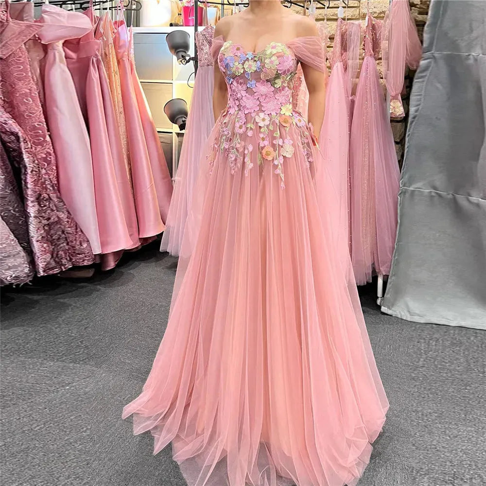 Fairy Pink Prom Dress Tulle Off The Shoulder 3D Flowers A-Line Ruched Party Growns Princess Floor Length Abendkleider Pink