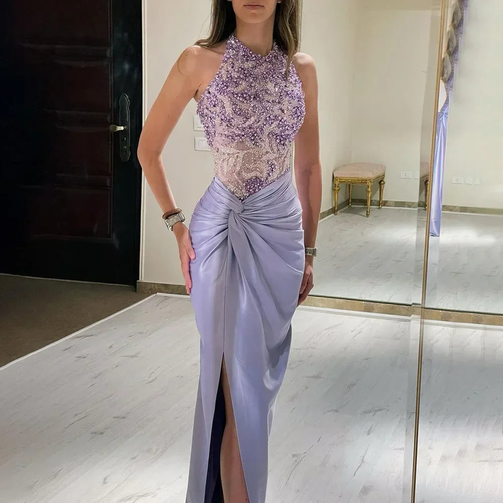 Zapdress Customized 2025 Lilac Halter Side Slit Mermaid Evening Gown Wedding Party Bridesmaid Dress for Women (ZD17315)
