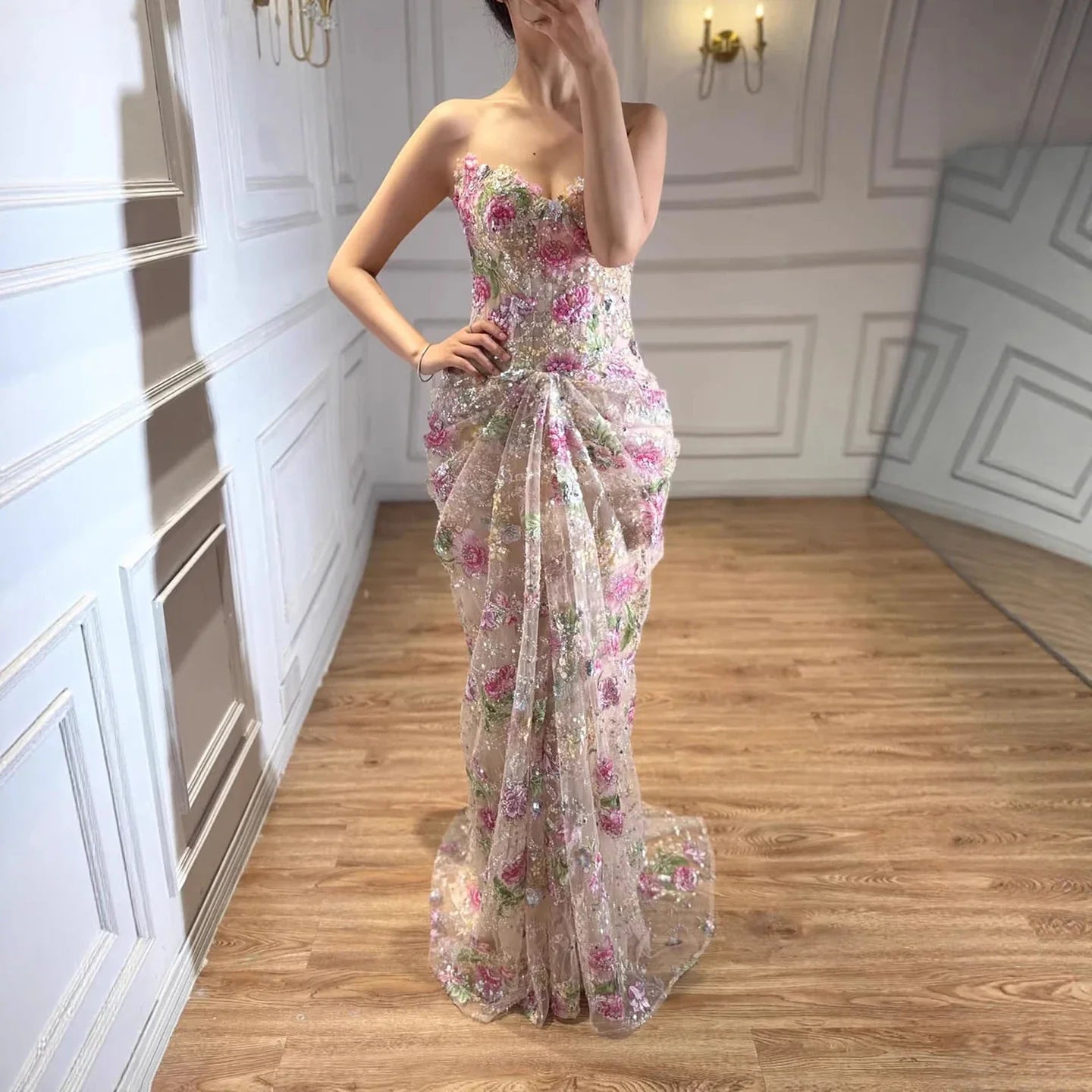 Zapdress Strapless Mermaid Evening Dress Flower Pattern Formal Wedding Party Gowns for Women 2026 Customized (ZD17224)