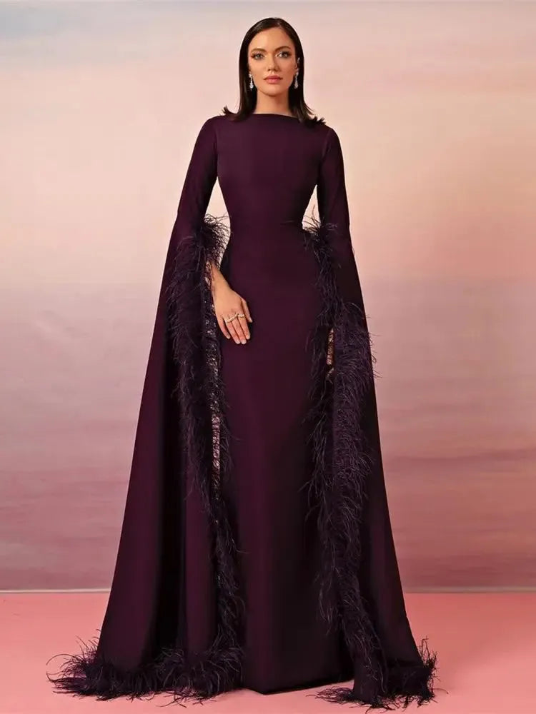 Mermaid Saudi Arabia Prom Party Gowns Long Slit Sleeves Formal Evening Dress Feather Prom Dresses Special Gowns As Picture