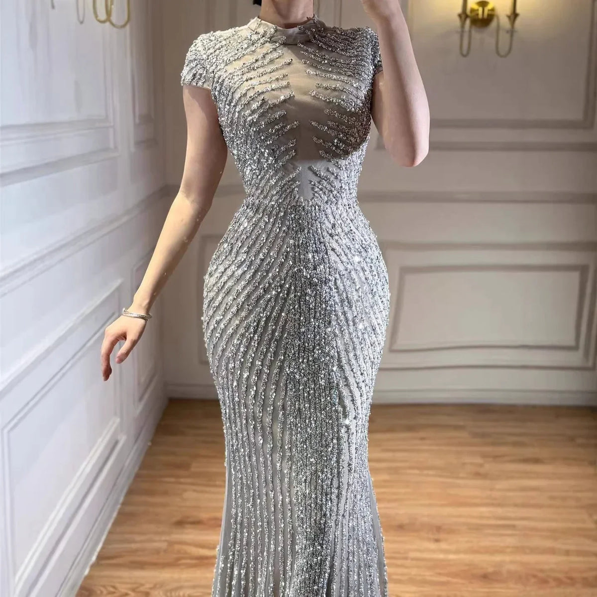 Zapdress Silver 2026 High Neck Cap Sleeve Mermaid Evening Dress Luxury Beaded Party Gowns Vestidos Customized (ZD17211)