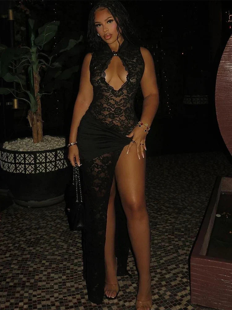 Embroidery Stand Collar Sheath Sheer Lace Dress - VelvetHem
