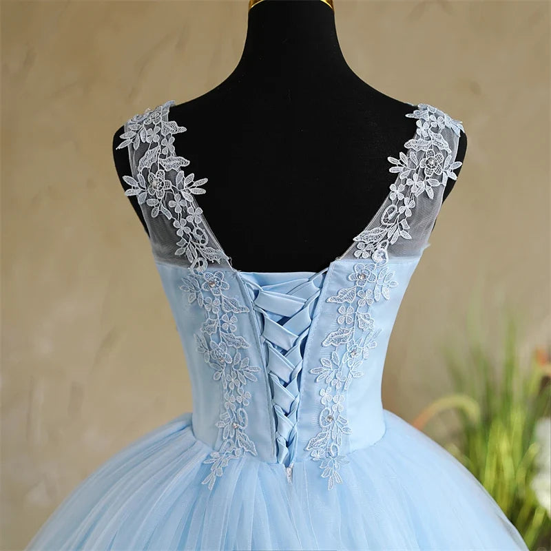 Spring New Sky Blue Quinceanera Dresses Sleeveless V-neck For Party Sweet Ball Gown Lace Appliques Prom Dress Customize Vestido (ZD17290)