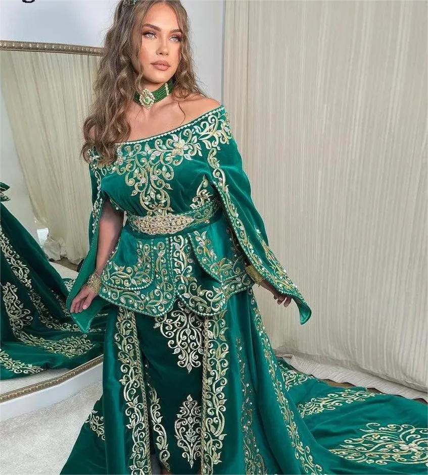 Arabic Mermaid Velvet Evening Dress Boat Neck Lace Applique 3 Pieces Belt Prom Gown Floor Length Algerian Outfit