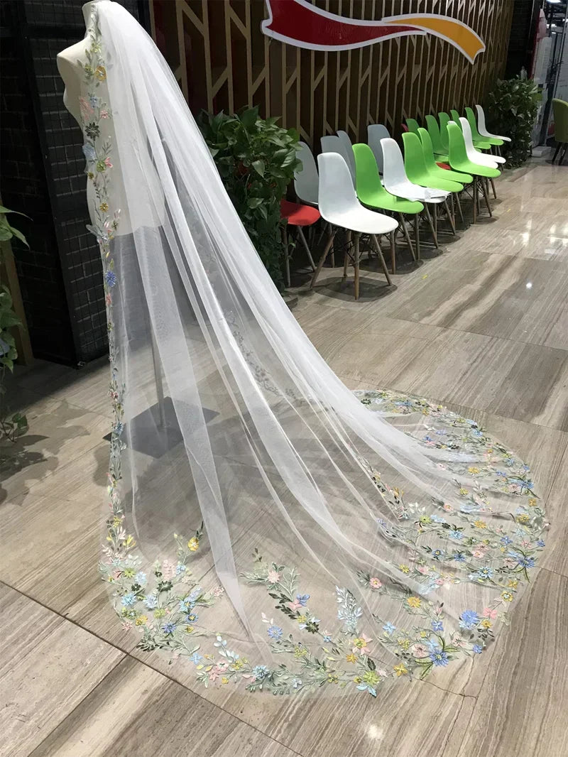 Colorful Flower Wedding Veil Hand Made Lace Bridal Veil Perfect for Outdoor, Garden, or Themed Ceremonies.