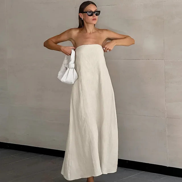 Habiba Khaki Linen A-line Dress with Pockets for Women Easy Wear Style