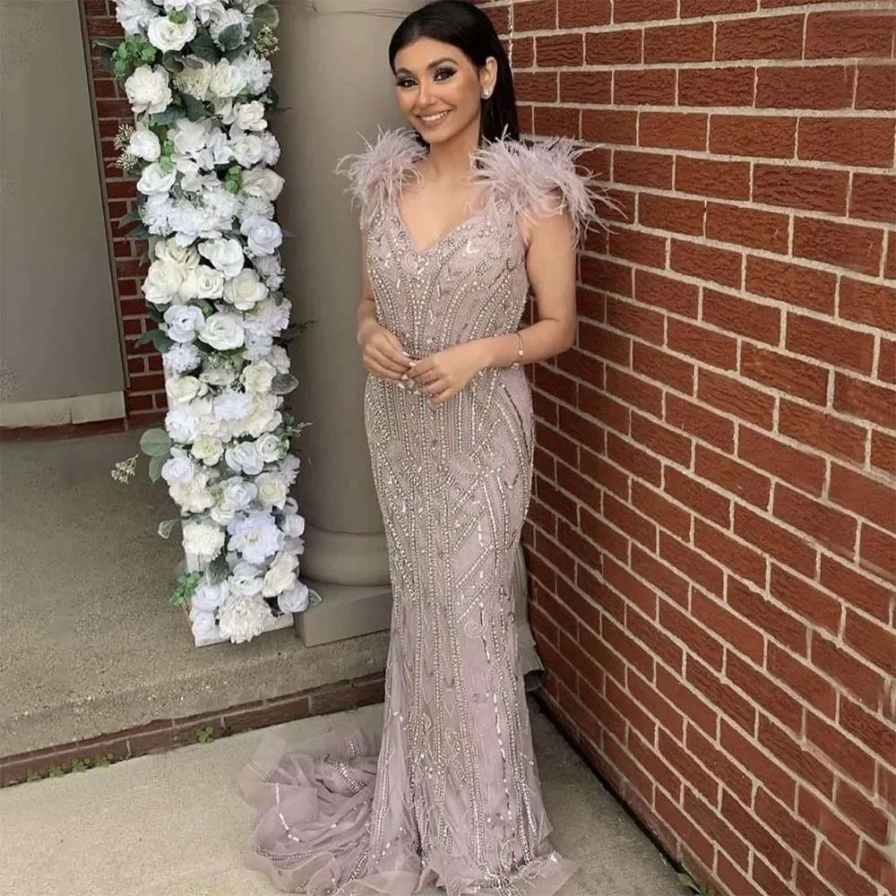 Zapdress Customized Lilac Feathers Beaded Mermaid Evening Dresses 2025 Elegant Party Gowns for Women (ZD17297)