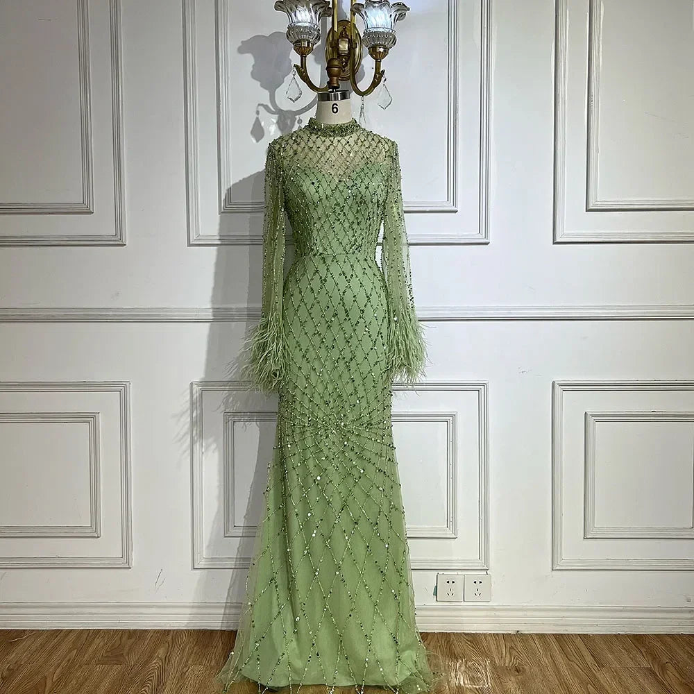 Customized 2025 Dubai Green Grid Cut Out Lace Beaded Feathers Sleeves Elegant Dresses Gowns for Formal Occasion DLA72394A (ZD17185)